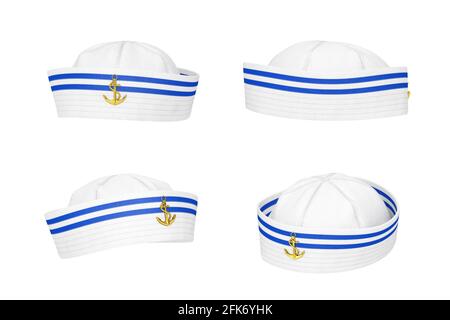 Cappello Marine Sailor con stemma Golden Anchor su sfondo bianco. Rendering 3d Foto Stock