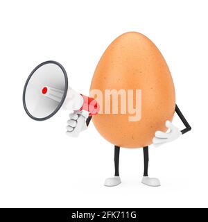 Mascotte di personaggio Brown Chicken Egg con Megaphone Red retro su sfondo bianco. Rendering 3d Foto Stock