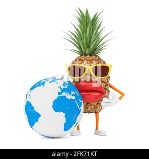 Fun Cartoon Fashion Hipster Cut Pineapple persona personaggio Mascot con Terra Globe su sfondo bianco. Rendering 3d Foto Stock