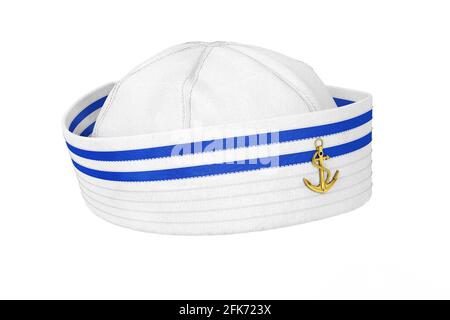 Cappello Marine Sailor con stemma Golden Anchor su sfondo bianco. Rendering 3d Foto Stock