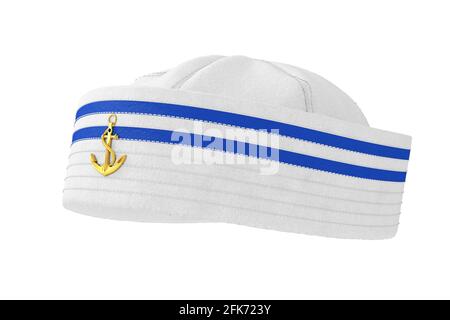 Cappello Marine Sailor con stemma Golden Anchor su sfondo bianco. Rendering 3d Foto Stock