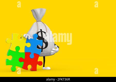 Sacco di denaro o borsa di denaro in tela rustica legata e. Simbolo del dollaro persona personaggio Mascot con quattro pezzi di colorato Jigsaw Puzzle su uno sfondo giallo Foto Stock