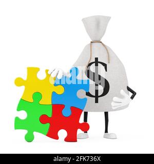 Sacco di denaro o borsa di denaro in tela rustica legata e. Simbolo del dollaro persona personaggio Mascot con quattro pezzi di colorato Jigsaw Puzzle su uno sfondo bianco Foto Stock