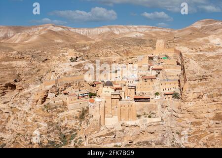 Mar Saba Monastero greco ortodosso in Israele deserto Giudeo, vista aerea. Foto Stock