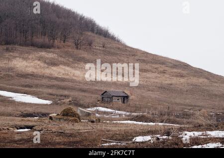 zona collinare. Paesaggio grigio. Una solitaria capanna su una collina. Foto Stock