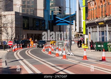 Costruzione di tram, Broad Street, Birmingham, Regno Unito Foto Stock