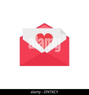 Busta rossa con cuore all'interno. Concetto di lettera d'amore. San Valentino. Icona messaggio romantico. Biglietto d'auguri. Messaggi. Aprire la busta con il foglio di carta Illustrazione Vettoriale