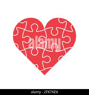 Puzzle cuore rosso. Cuore sano, concetto medico. Carta San Valentino. Amore, emozioni, idea di complessità del rapporto. Pezzi di puzzle. Vettore Illustrazione Vettoriale