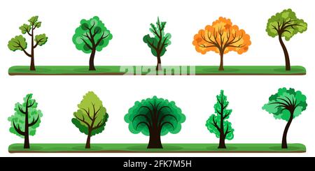 Alberi di raccolta. Insieme di alberi colorati su sfondo bianco. Illustrazione vettoriale. Icone ad albero isolate. Illustrazione Vettoriale