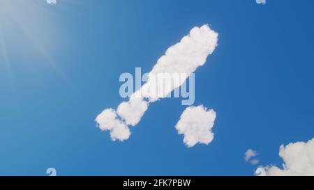 rendering 3d di nuvole bianche soffici a forma di simbolo di mazza da baseball per la partita su cielo blu con il sole raggi Foto Stock