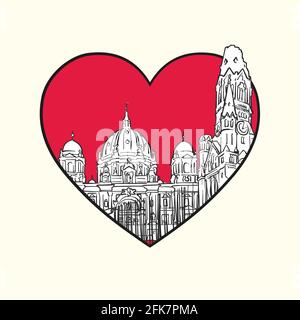 Mi piace Berlino. Cuore rosso e edifici famosi, composizione tedesca. Illustrazione vettoriale in bianco e nero disegnata a mano. Oggetti raggruppati e mobili. Illustrazione Vettoriale