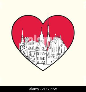 Mi piace riga. Cuore rosso e edifici famosi, composizione lettone. Illustrazione vettoriale in bianco e nero disegnata a mano. Oggetti raggruppati e mobili. Illustrazione Vettoriale