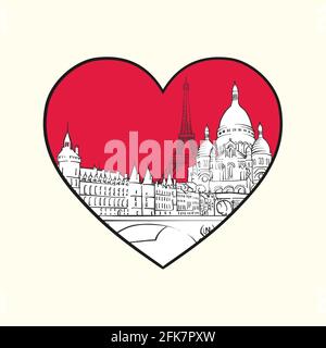 Mi piace Parigi. Cuore rosso e edifici famosi, composizione in Francia. Illustrazione vettoriale in bianco e nero disegnata a mano. Oggetti raggruppati e mobili. Illustrazione Vettoriale