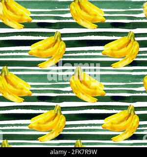 Modello con illustrazione acquerello di banane su uno sfondo di strisce verdi Foto Stock