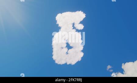 rendering 3d di nuvole bianche soffici a forma di simbolo di disinfettante spray con croce su cielo blu con sole raggi Foto Stock