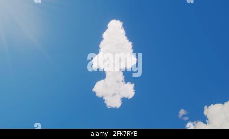 rendering 3d di nuvole bianche soffici a forma di simbolo Di zolfo simbolo in alchimia su cielo blu con sole raggi Foto Stock