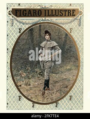 Vintage illustrazione di una giovane donna alla moda fuori tiro, tuta pantaloni, vittoriano 19 ° secolo Foto Stock