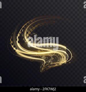 Onda d'oro con bokeh scintillante, effetto luminoso astratto delle linee di movimento della curva di turbolenza dorata Illustrazione Vettoriale