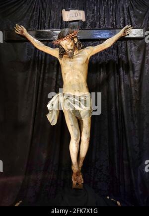 Scultura in legno policromo di Gesù Cristo crocifisso, Valladolid, Spagna Foto Stock