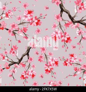 Motivo senza cuciture con acquerello sakura. Illustrazione disegnata a mano ramo fiorito di ciliegio con fiori su sfondo grigio. Per design sushi ristorante me Foto Stock