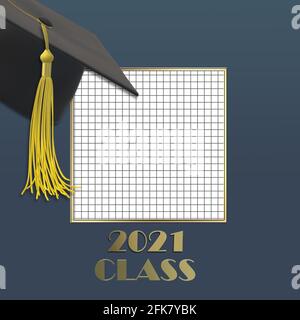 Graduazione 2021. Tappo graduato 2021 con nappina. Classe Gold text 2021 su carta a griglia quadrata. Educazione, saluti, concetto di realizzazione. Posiziona per tex Foto Stock