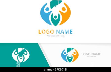 Combinazione di logo vettoriali per fegato e famiglia. Esclusivo modello di progetto per logotipo di organo interno. Illustrazione Vettoriale