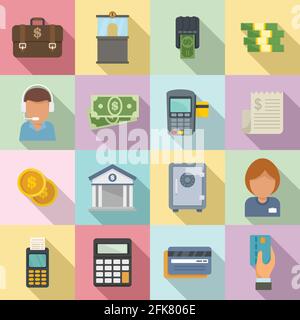 Set di icone per bancomat, stile piatto Illustrazione Vettoriale