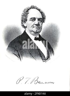 Ritratto di P.T. Barnum dal libro autobiografico 'lotte e trionfi; o, quarant'anni 'ricordi di P.T. Barnum ' di Barnum, P. T. (Phineas Taylor), 1810-1891 pubblicato dalla Courier Company Buffalo, N.Y. nel 1879. Phineas Taylor Barnum (5 luglio 1810 – 7 aprile 1891) è stato uno showman, un politico e un uomo d'affari americani, ricordato per aver promosso le famose truffe e per aver fondato il Barnum & Bailey Circus (1871–2017). Era anche un autore, un editore e un filantropo, Foto Stock