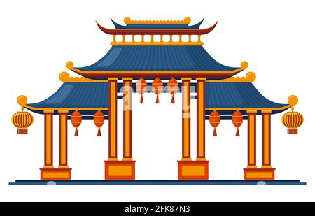 Ingresso tradizionale cinese. Architettura tradizionale asiatica pagoda gate isolato vettore illustrazione. Ingresso orientale con lanterne appese Illustrazione Vettoriale
