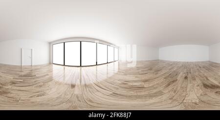 vista panoramica completa di 360 sfere del classico stile di vita vuoto moderno interno soppalco con grandi finestre e pavimento in legno 3d rappresentazione dell'illustrazione Foto Stock