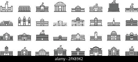 Set di icone per l'edificio del Parlamento, stile del contorno Illustrazione Vettoriale