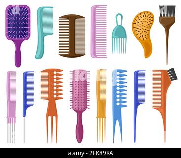 Spazzole per capelli cartoni animati. Pettini per capelli in plastica per la cura dei capelli, set di illustrazioni vettoriali con spazzola per capelli alla moda. Accessori per parrucchieri Illustrazione Vettoriale