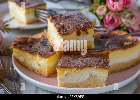 Un piatto con pezzi di torta appena sfornati serviti su un tavolo da cucina a casa con sfondo sfocato. Tedesco tradizionale Eierschecke Foto Stock