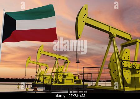 Bella estrazione di olio di zucca e cielo nuvoloso al tramonto con la bandiera Kuwait. Foto Stock