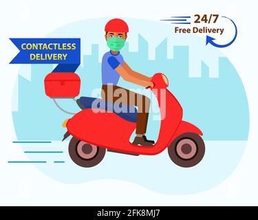 Concetto di consegna online a domicilio. Consegna rapida senza contatto di generi alimentari e articoli essenziali grazie a covid-19. 24 ore su 24, 7 giorni su 7 consegna gratuita di cibo con misure di sicurezza Illustrazione Vettoriale