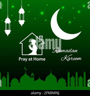 Banner di saluto Ramadan Kareem. Sfondo con un messaggio di 'Say Home and Pray at Home'. Festival saluto con covid-19 messaggio di sensibilizzazione. Illustrazione Vettoriale