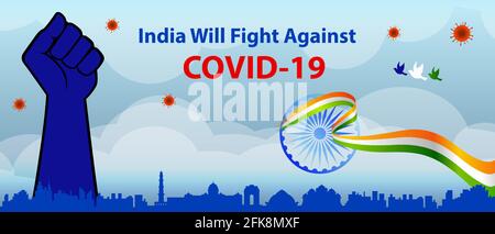Poster Corona Virus Fight back. L'India si batterà contro Covid-19 per i post sui social media e sui siti web. Illustrazione vettoriale per banner, brochure, volantino, Illustrazione Vettoriale