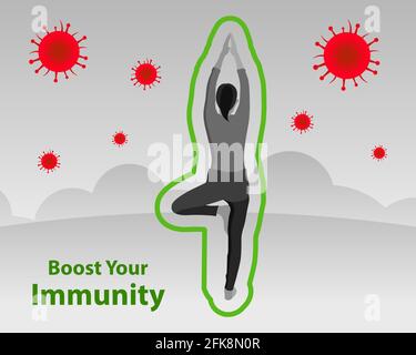 Impeditevi di coronavirus. Aumenta la tua immunità e combatti con covid-19. Lo yoga quotidiano è molto utile per la prevenzione con questo epedemic. Illustrazione Vettoriale