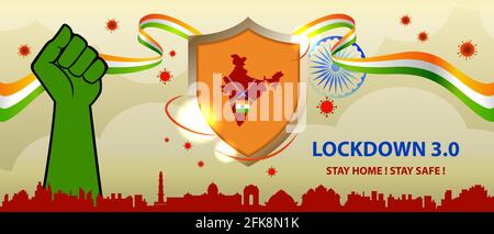 Lockdown India. India lotta contro il banner Covid-19 per siti web e post sui social media. Illustrazione vettoriale per banner, brochure, volantino, poster, web. Illustrazione Vettoriale