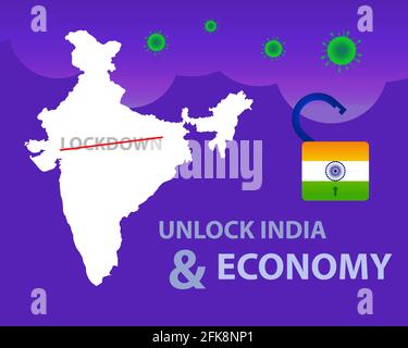 Sblocca l'India. Ora siamo nuovamente aperti. India sbloccare 1.0 dopo molto lungo e stretto blocco a combattere con covid-19. Economia e industria indiana. Illustrazione Vettoriale