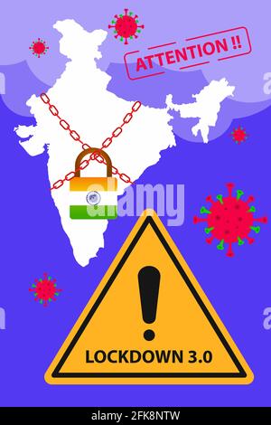 India ha esteso il blocco per combattere con la pandemia di Covid-19. Lockdown 3.0 sfondo con corona guerriero con maschera protettiva. Rimani a casa e rimani al sicuro. Illustrazione Vettoriale