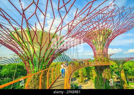 Singapore - Aprile 29, 2018: asian tourist prende selfie con smart phone mentre camminando sul ponte sopraelevato o OCBC Skyway di Supertree Grove in giardini dal Foto Stock