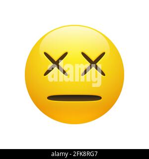 Emoticon giallo-brillante con occhi incrociati e bocca a filo su sfondo bianco. Icona divertente Emoji. Illustrazione 3D per chat o messaggi. Illustrazione Vettoriale
