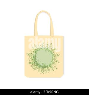 Borsa ecologica con design stampato. Elemento decorativo rotondo in erba in una borsa di tela con spazio per il testo. Illustrazione vettoriale isolata su una parte posteriore bianca Illustrazione Vettoriale