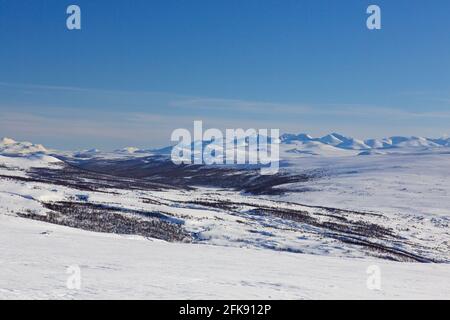 Paesaggio montano coperto di neve nel Parco Nazionale di Dovrefjell-Sunndalsfjella in inverno, Norvegia Foto Stock