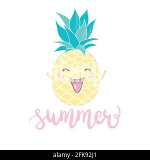 Divertente sfondo vettoriale con ananas , e testo scritto a mano 'ummer'. Carta estiva con disegno a mano. Illustrazione Vettoriale