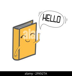 Simpatica illustrazione del libro. Carino personaggio cartoon libro racconta ai bambini favole. Icona piatta vettoriale isolata sullo sfondo. Illustrazione Vettoriale