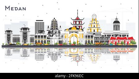 Medan Indonesia City Skyline con edifici a colori e riflessi isolati su bianco. Illustrazione vettoriale. Concetto di turismo con architettura storica. Illustrazione Vettoriale