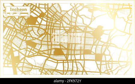 Mappa della città della Corea del Sud di Incheon in stile retro in colore dorato. Mappa di contorno. Illustrazione vettoriale. Illustrazione Vettoriale