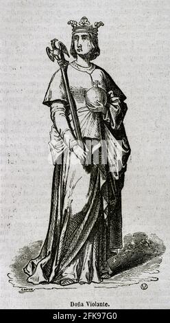 Violente d'Ungheria (1215-1251). Regina consorte di Aragona (1235-1251) e seconda moglie di Giacomo i d'Aragona. Verticale. Incisione di Capuz. Historia Generale de España di Padre Mariana. Madrid, 1852. Foto Stock